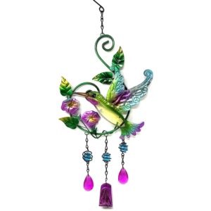 Bejeweled Display Hummingbird & Flower w/ Stained Glass Wind Chimes Bell